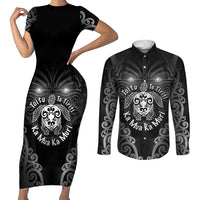 Aotearoa Toitu Te Tiriti Couples Matching Short Sleeve Bodycon Dress and Long Sleeve Button Shirt Ka Mua Ka Muri LT05 Black - Polynesian Pride