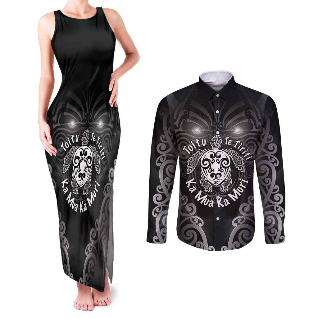 Aotearoa Toitu Te Tiriti Couples Matching Tank Maxi Dress and Long Sleeve Button Shirt Ka Mua Ka Muri LT05 Black - Polynesian Pride