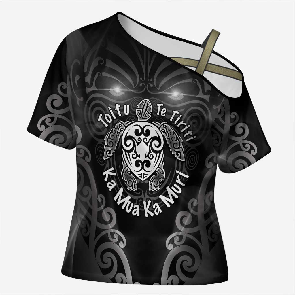 Aotearoa Toitu Te Tiriti Cross Shoulder Shirt Ka Mua Ka Muri LT05 Female Black - Polynesian Pride