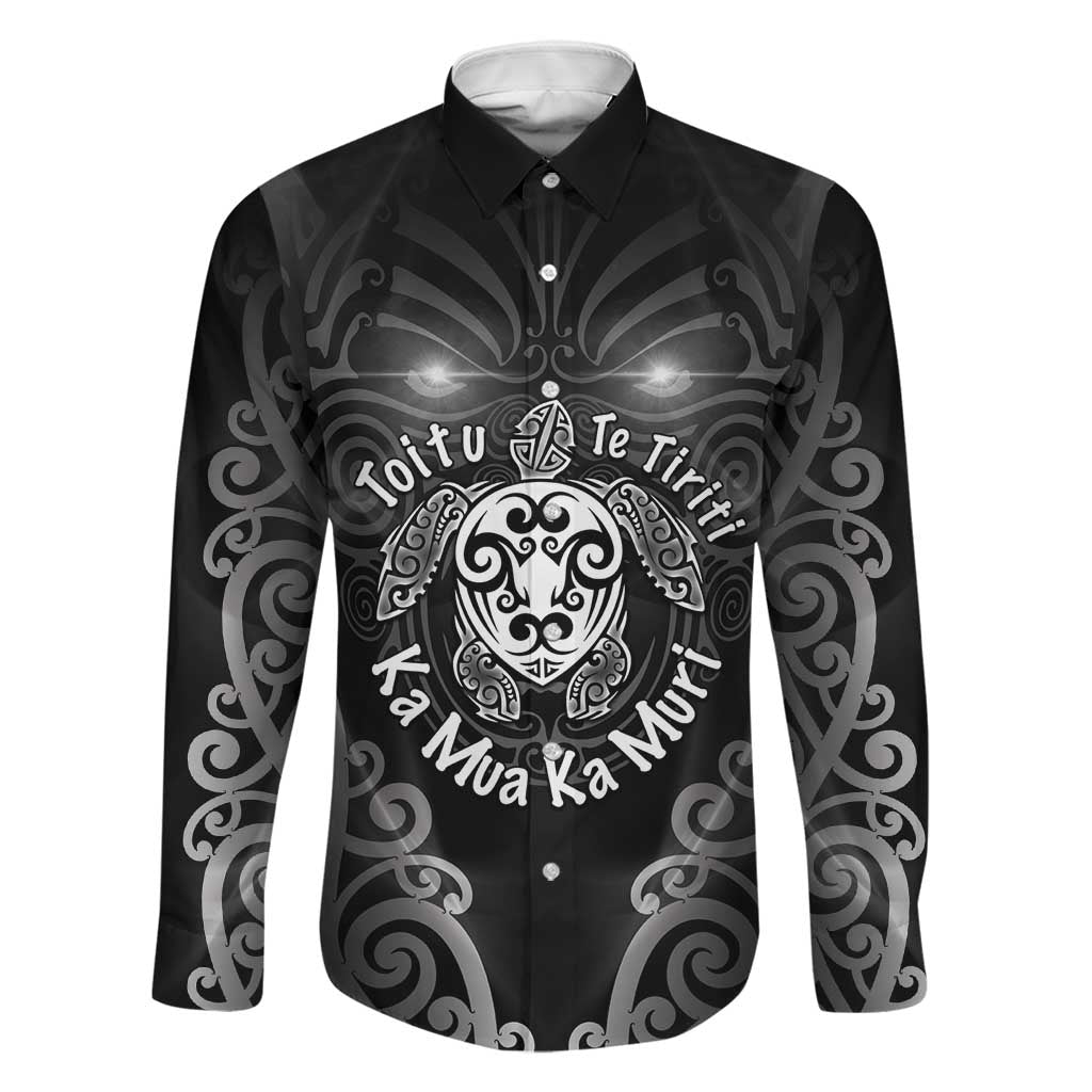 Aotearoa Toitu Te Tiriti Family Matching Summer Maxi Dress and Hawaiian Shirt Ka Mua Ka Muri LT05 Dad's Shirt - Long Sleeve Black - Polynesian Pride