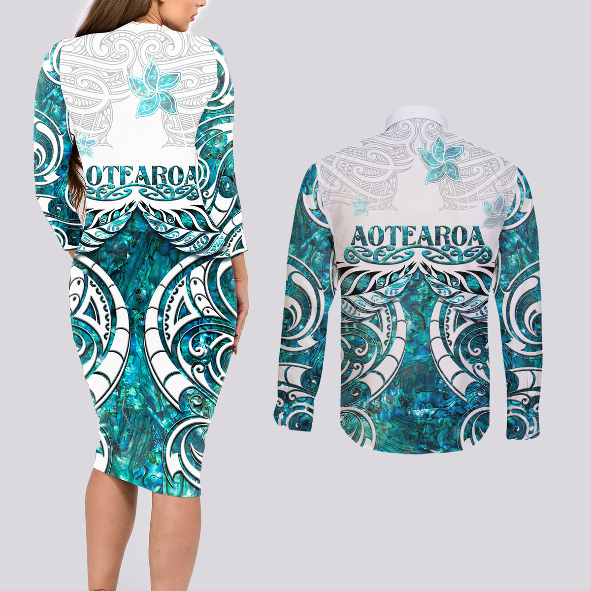 New Zealand Aotearoa Kia Ora Couples Matching Long Sleeve Bodycon Dress and Long Sleeve Button Shirt Paua Shell Maori Silver Fern LT05 - Polynesian Pride