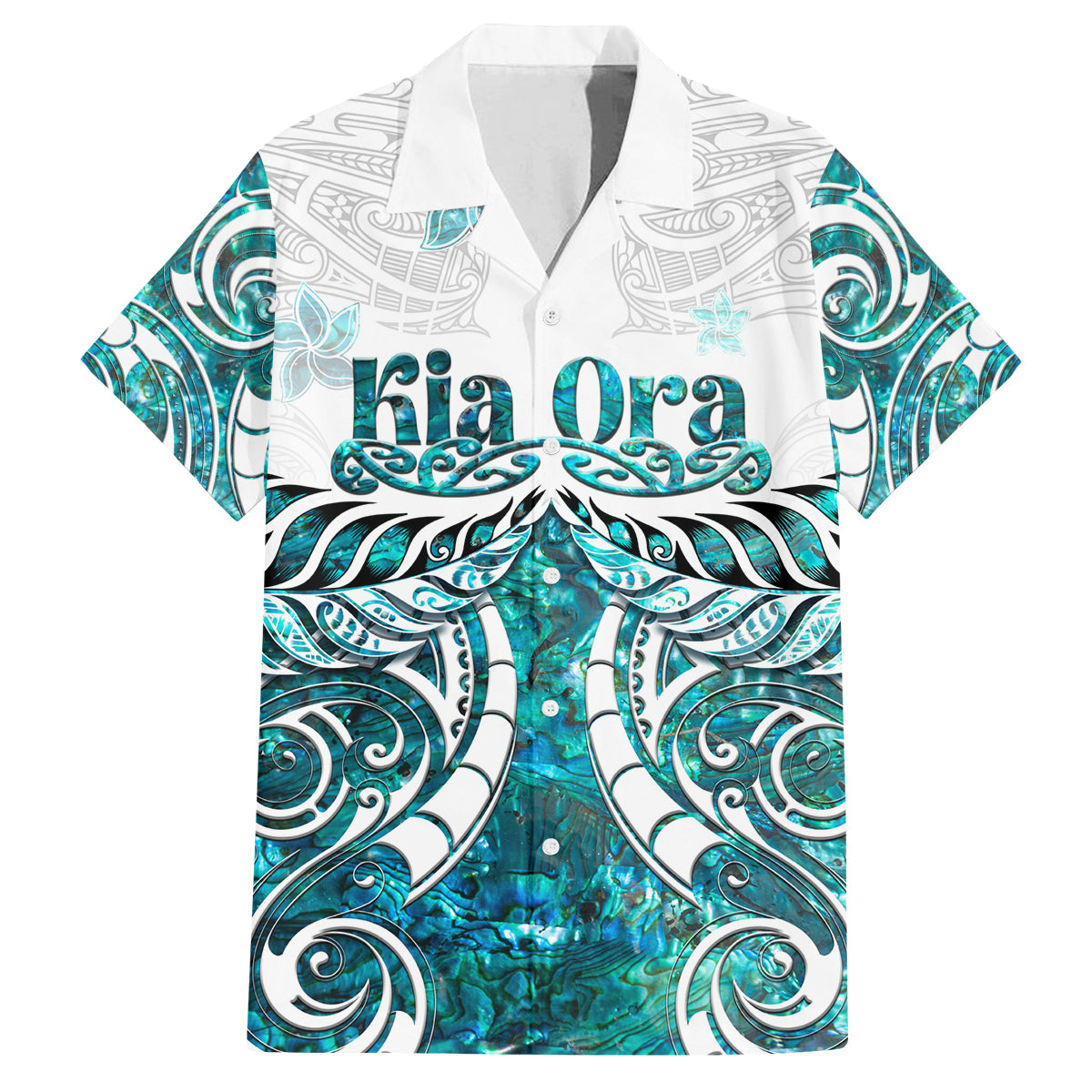 New Zealand Aotearoa Kia Ora Family Matching Off Shoulder Long Sleeve Dress and Hawaiian Shirt Paua Shell Maori Silver Fern LT05 Dad's Shirt - Short Sleeve Turquoise - Polynesian Pride