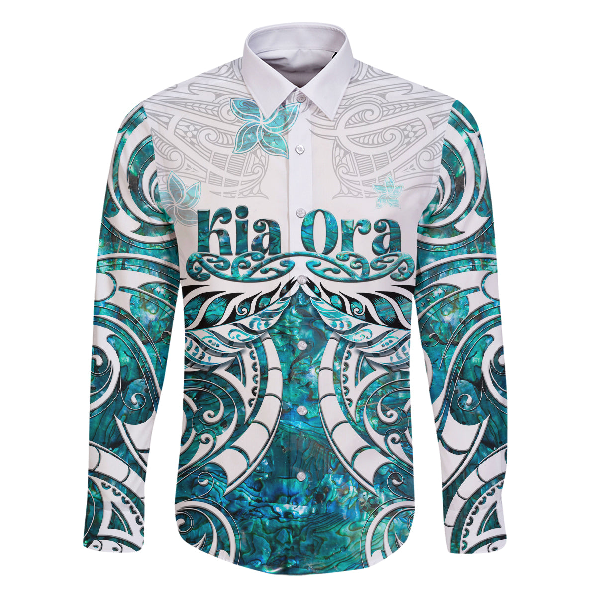 New Zealand Aotearoa Kia Ora Family Matching Off Shoulder Long Sleeve Dress and Hawaiian Shirt Paua Shell Maori Silver Fern LT05 Dad's Shirt - Long Sleeve Turquoise - Polynesian Pride