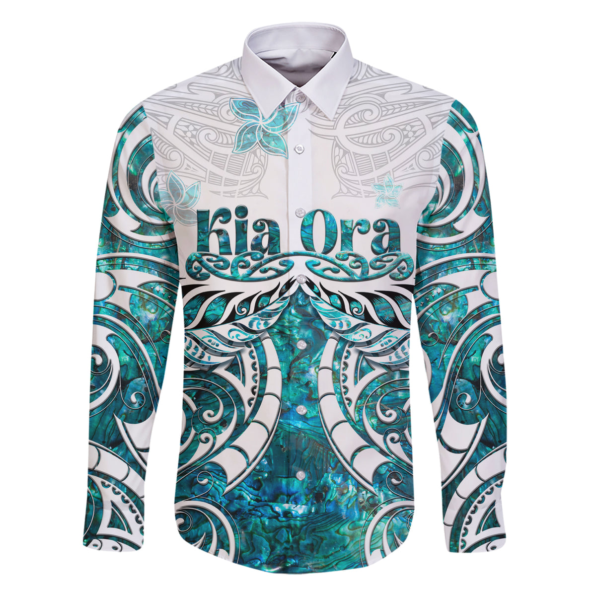 New Zealand Aotearoa Kia Ora Family Matching Short Sleeve Bodycon Dress and Hawaiian Shirt Paua Shell Maori Silver Fern LT05 Dad's Shirt - Long Sleeve Turquoise - Polynesian Pride
