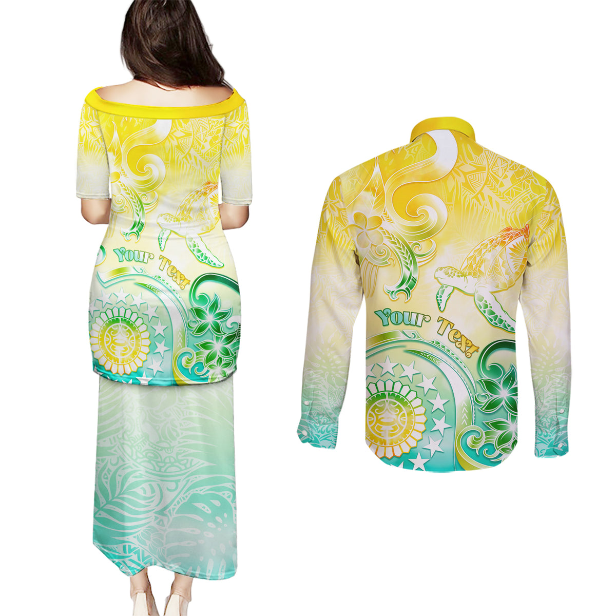 Personalised Cook Islands Kia Orana Couples Matching Puletasi and Long Sleeve Button Shirt Polynesian Turtle With Circle Stars LT05 - Polynesian Pride