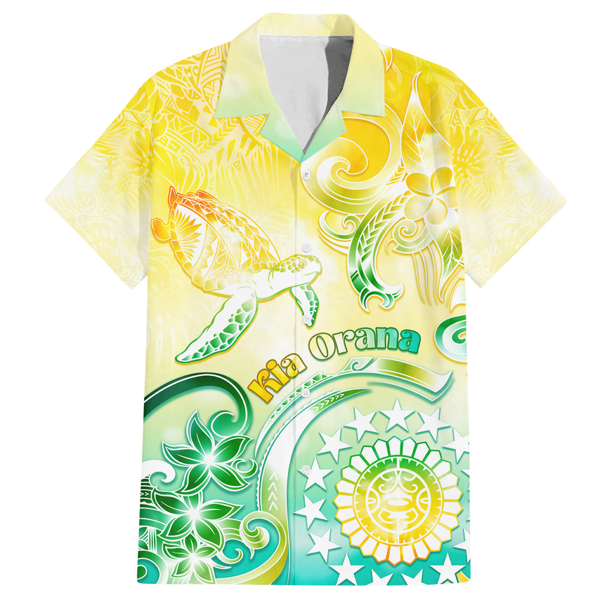 Personalised Cook Islands Kia Orana Family Matching Off Shoulder Long Sleeve Dress and Hawaiian Shirt Polynesian Turtle With Circle Stars LT05 Dad's Shirt - Short Sleeve Yellow - Polynesian Pride