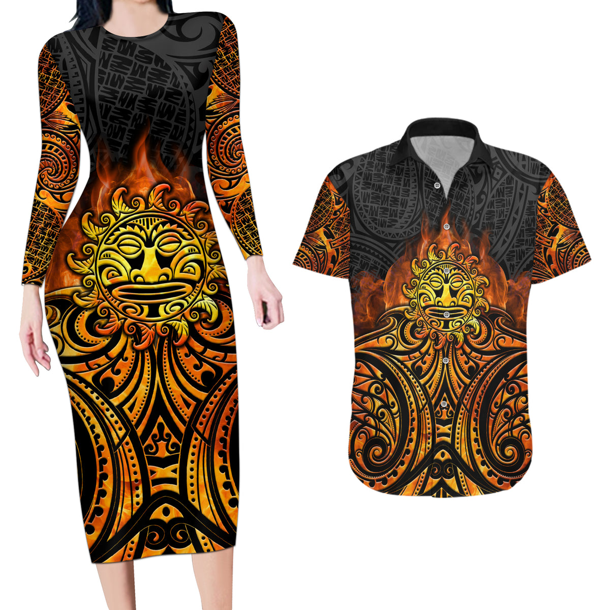 New Zealand Tamanuitera The Sun Couples Matching Long Sleeve Bodycon Dress and Hawaiian Shirt Maori Pattern LT05 Orange - Polynesian Pride