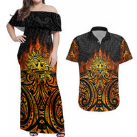 New Zealand Tamanuitera The Sun Couples Matching Off Shoulder Maxi Dress and Hawaiian Shirt Maori Pattern LT05 Orange - Polynesian Pride