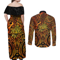 New Zealand Tamanuitera The Sun Couples Matching Off Shoulder Maxi Dress and Long Sleeve Button Shirt Maori Pattern LT05 - Polynesian Pride