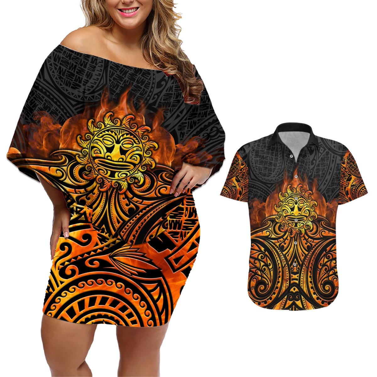 New Zealand Tamanuitera The Sun Couples Matching Off Shoulder Short Dress and Hawaiian Shirt Maori Pattern LT05 Orange - Polynesian Pride