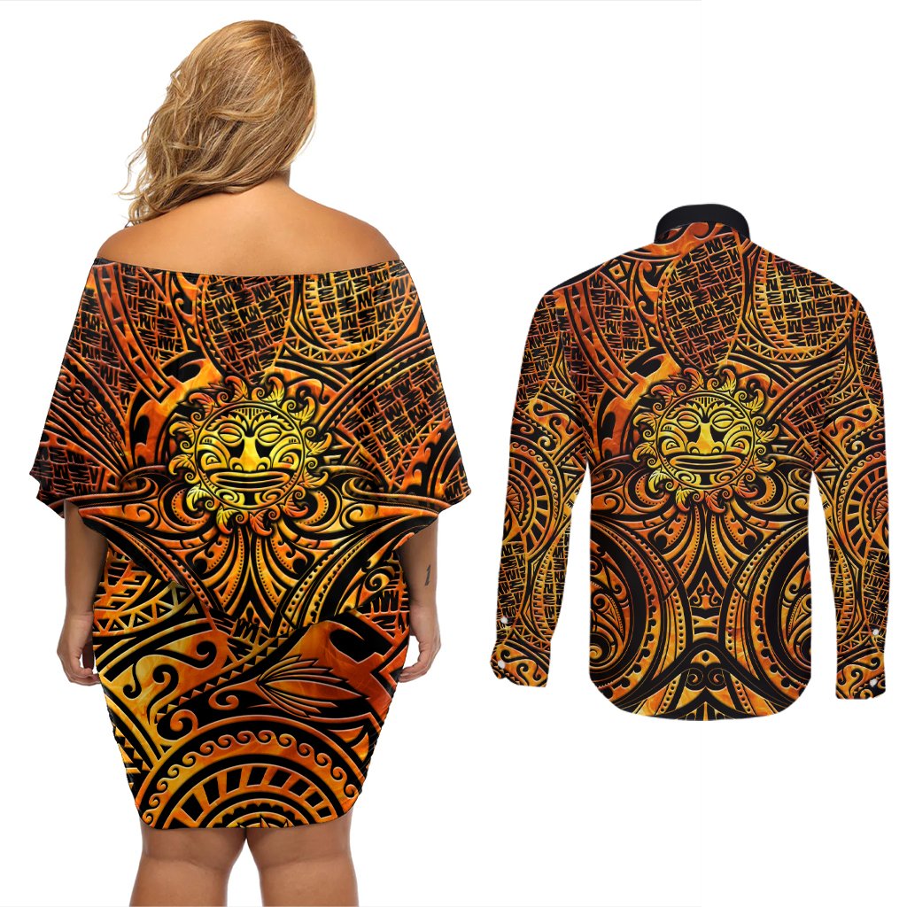New Zealand Tamanuitera The Sun Couples Matching Off Shoulder Short Dress and Long Sleeve Button Shirt Maori Pattern LT05 - Polynesian Pride