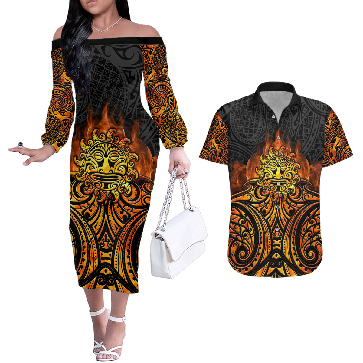 New Zealand Tamanuitera The Sun Couples Matching Off The Shoulder Long Sleeve Dress and Hawaiian Shirt Maori Pattern LT05 Orange - Polynesian Pride