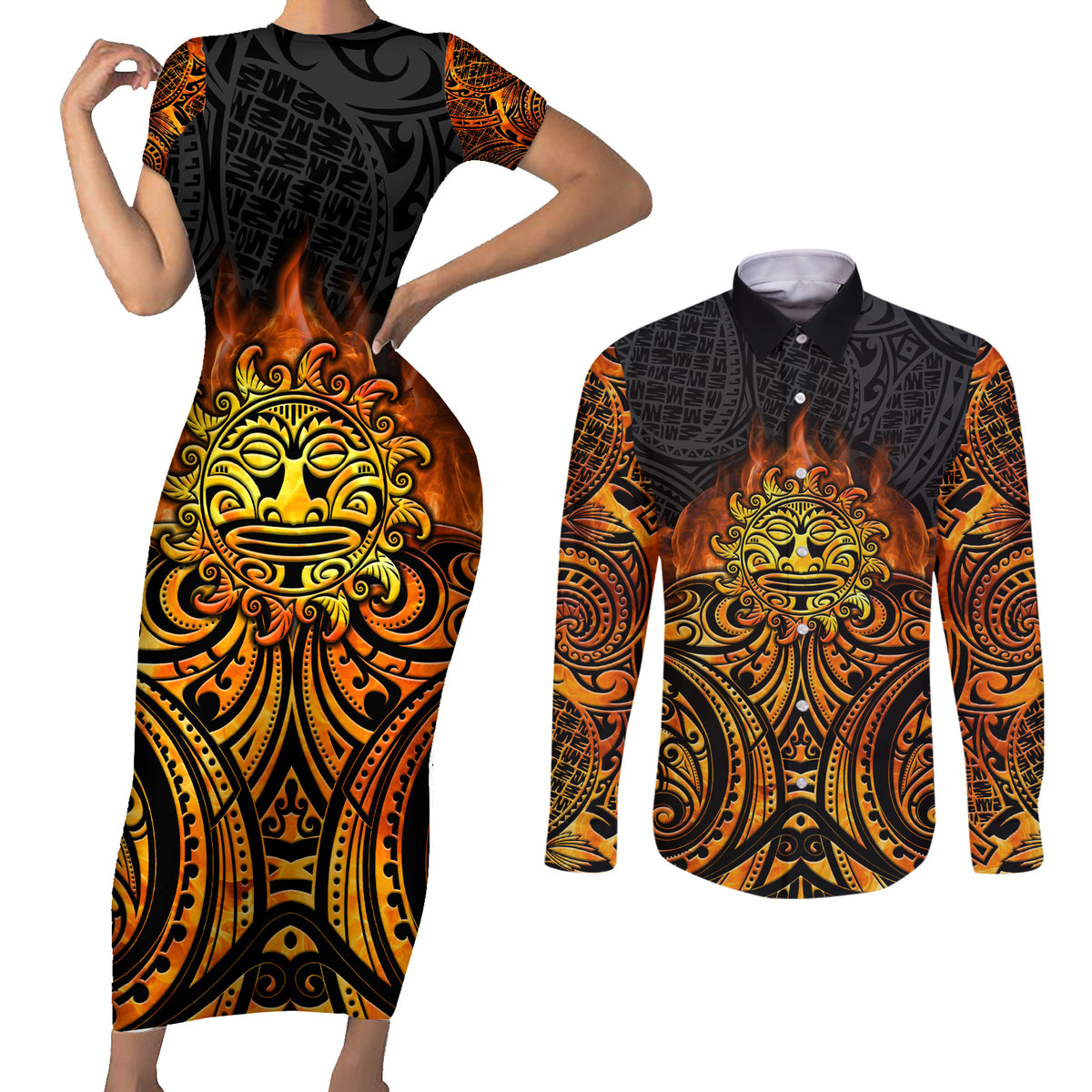New Zealand Tamanuitera The Sun Couples Matching Short Sleeve Bodycon Dress and Long Sleeve Button Shirt Maori Pattern LT05 Orange - Polynesian Pride