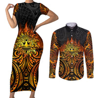 New Zealand Tamanuitera The Sun Couples Matching Short Sleeve Bodycon Dress and Long Sleeve Button Shirt Maori Pattern LT05 Orange - Polynesian Pride