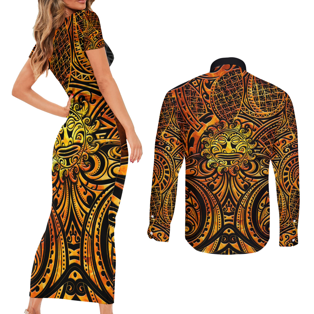 New Zealand Tamanuitera The Sun Couples Matching Short Sleeve Bodycon Dress and Long Sleeve Button Shirt Maori Pattern LT05 - Polynesian Pride