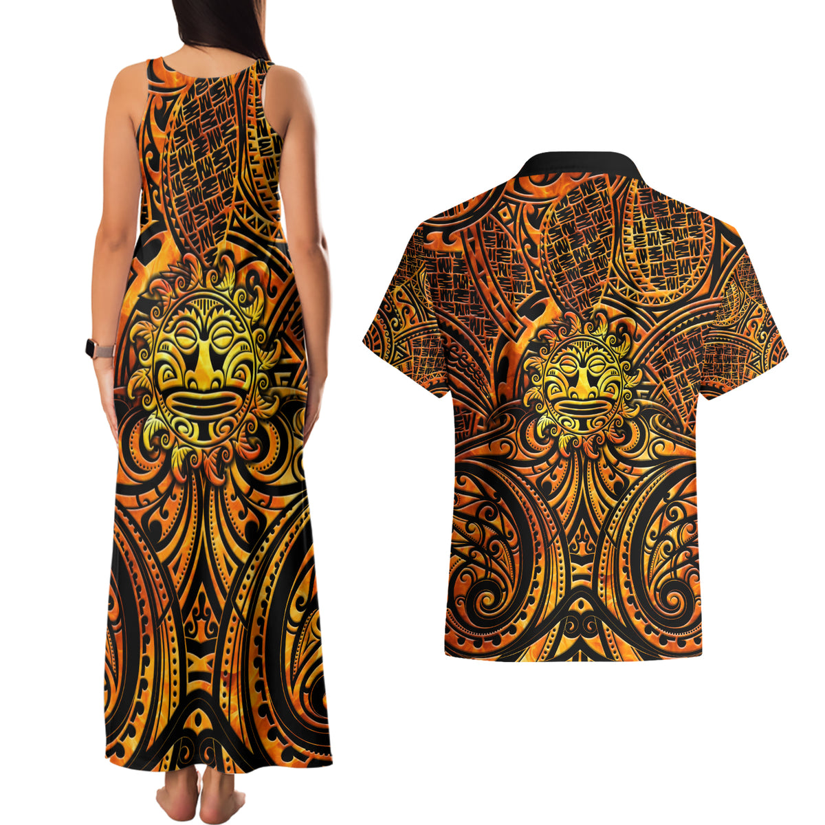 New Zealand Tamanuitera The Sun Couples Matching Tank Maxi Dress and Hawaiian Shirt Maori Pattern LT05 - Polynesian Pride