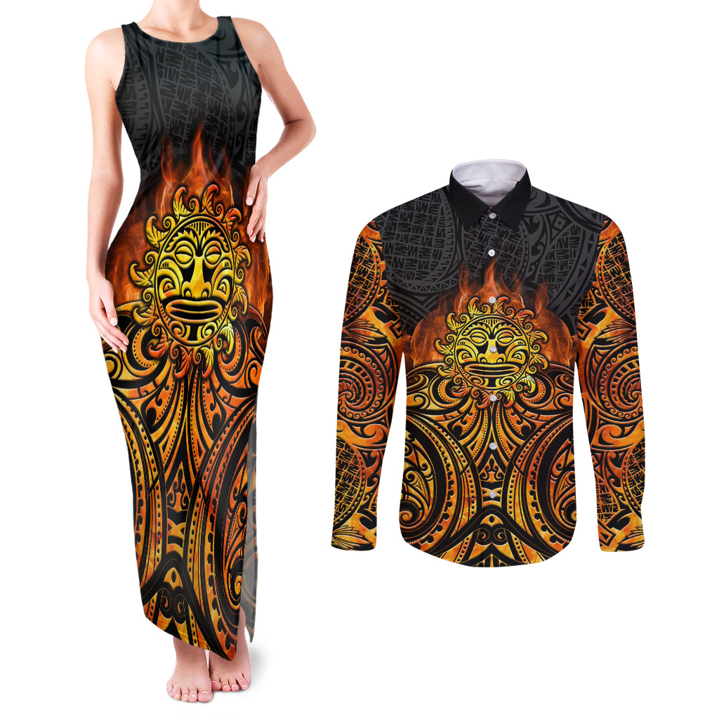New Zealand Tamanuitera The Sun Couples Matching Tank Maxi Dress and Long Sleeve Button Shirt Maori Pattern LT05 Orange - Polynesian Pride