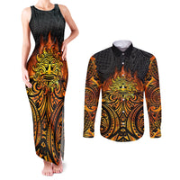 New Zealand Tamanuitera The Sun Couples Matching Tank Maxi Dress and Long Sleeve Button Shirt Maori Pattern LT05 Orange - Polynesian Pride