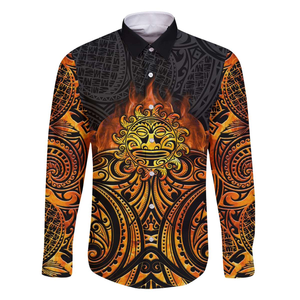 New Zealand Tamanuitera The Sun Family Matching Long Sleeve Bodycon Dress and Hawaiian Shirt Maori Pattern LT05 Dad's Shirt - Long Sleeve Orange - Polynesian Pride