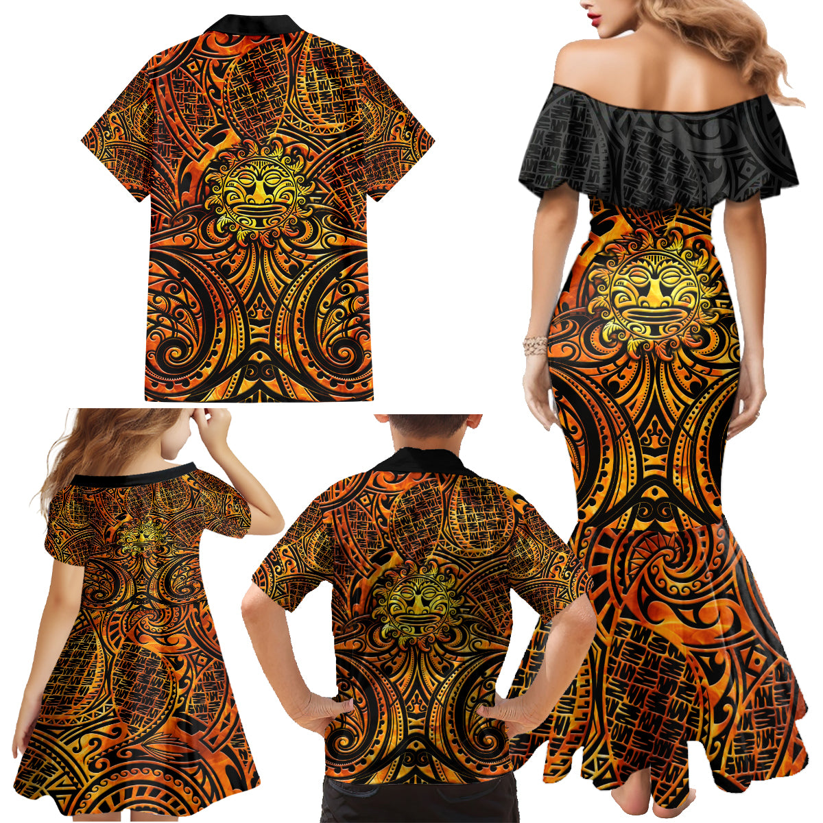 New Zealand Tamanuitera The Sun Family Matching Mermaid Dress and Hawaiian Shirt Maori Pattern LT05 - Polynesian Pride
