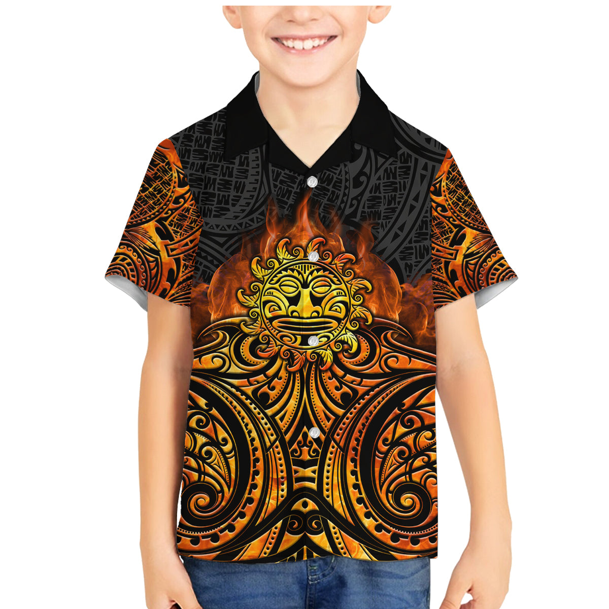 New Zealand Tamanuitera The Sun Family Matching Mermaid Dress and Hawaiian Shirt Maori Pattern LT05 Son's Shirt Orange - Polynesian Pride