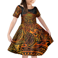 New Zealand Tamanuitera The Sun Family Matching Off The Shoulder Long Sleeve Dress and Hawaiian Shirt Maori Pattern LT05 Daughter's Dress Orange - Polynesian Pride