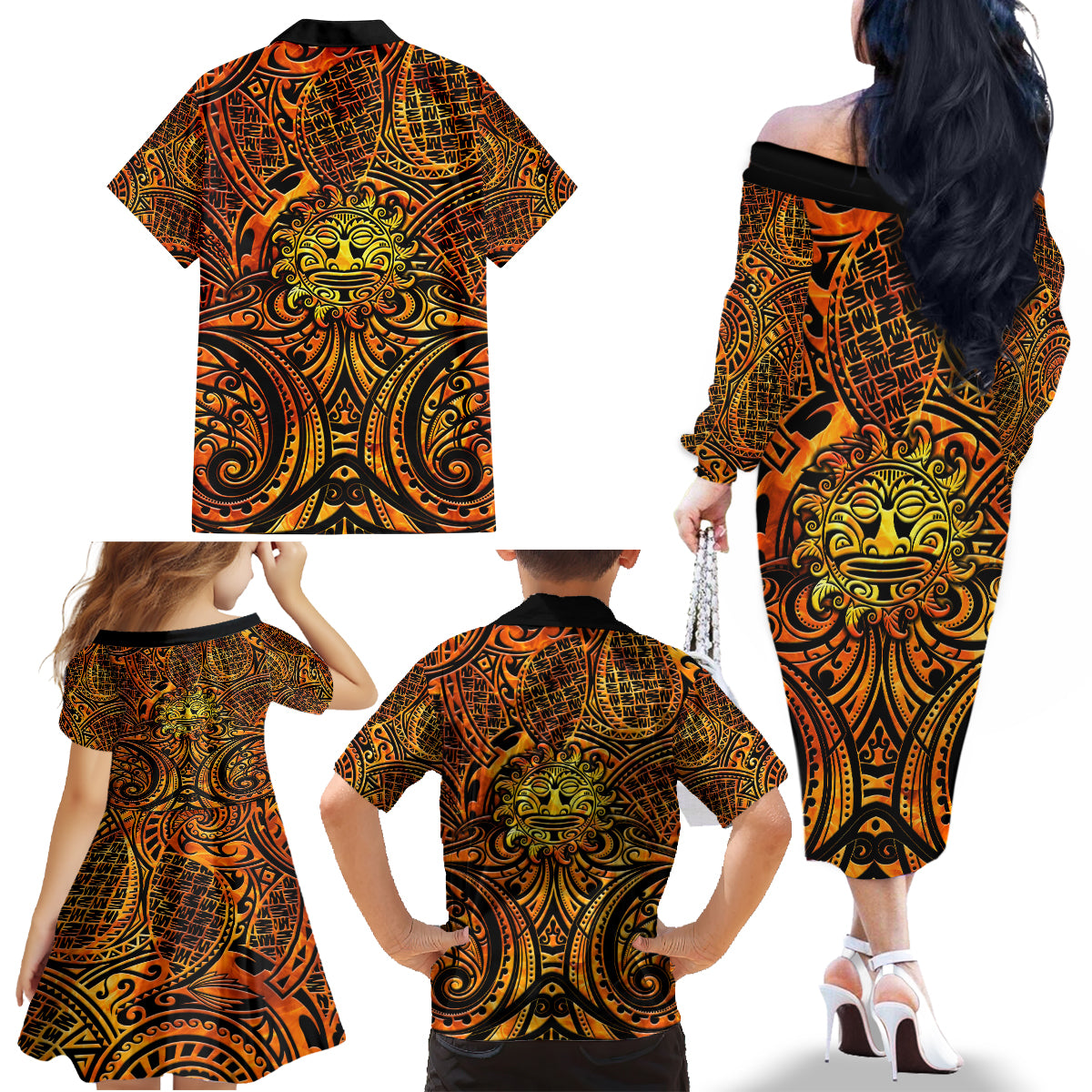New Zealand Tamanuitera The Sun Family Matching Off The Shoulder Long Sleeve Dress and Hawaiian Shirt Maori Pattern LT05 - Polynesian Pride