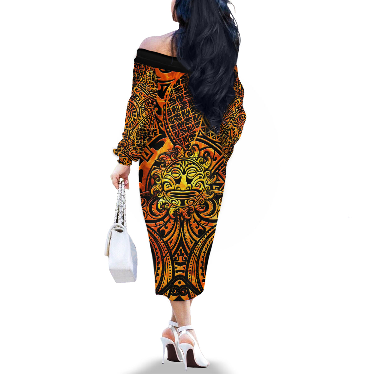 New Zealand Tamanuitera The Sun Family Matching Off The Shoulder Long Sleeve Dress and Hawaiian Shirt Maori Pattern LT05 - Polynesian Pride