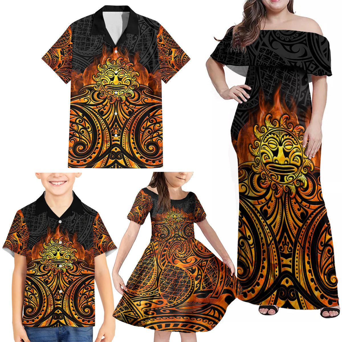 New Zealand Tamanuitera The Sun Family Matching Off Shoulder Maxi Dress and Hawaiian Shirt Maori Pattern LT05 - Polynesian Pride