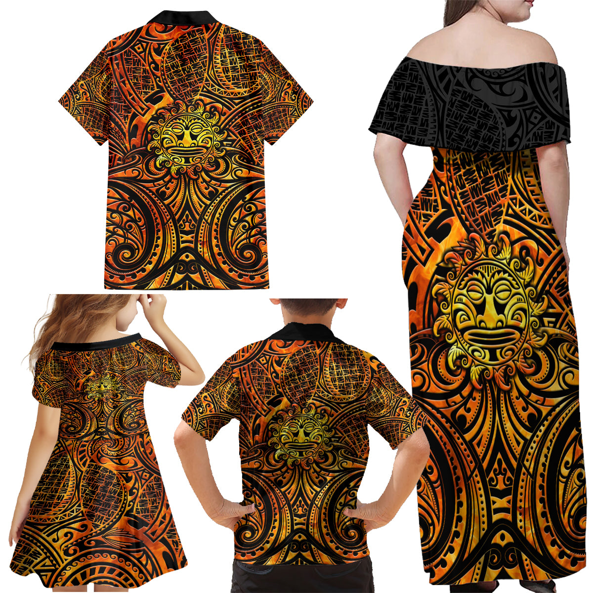 New Zealand Tamanuitera The Sun Family Matching Off Shoulder Maxi Dress and Hawaiian Shirt Maori Pattern LT05 - Polynesian Pride