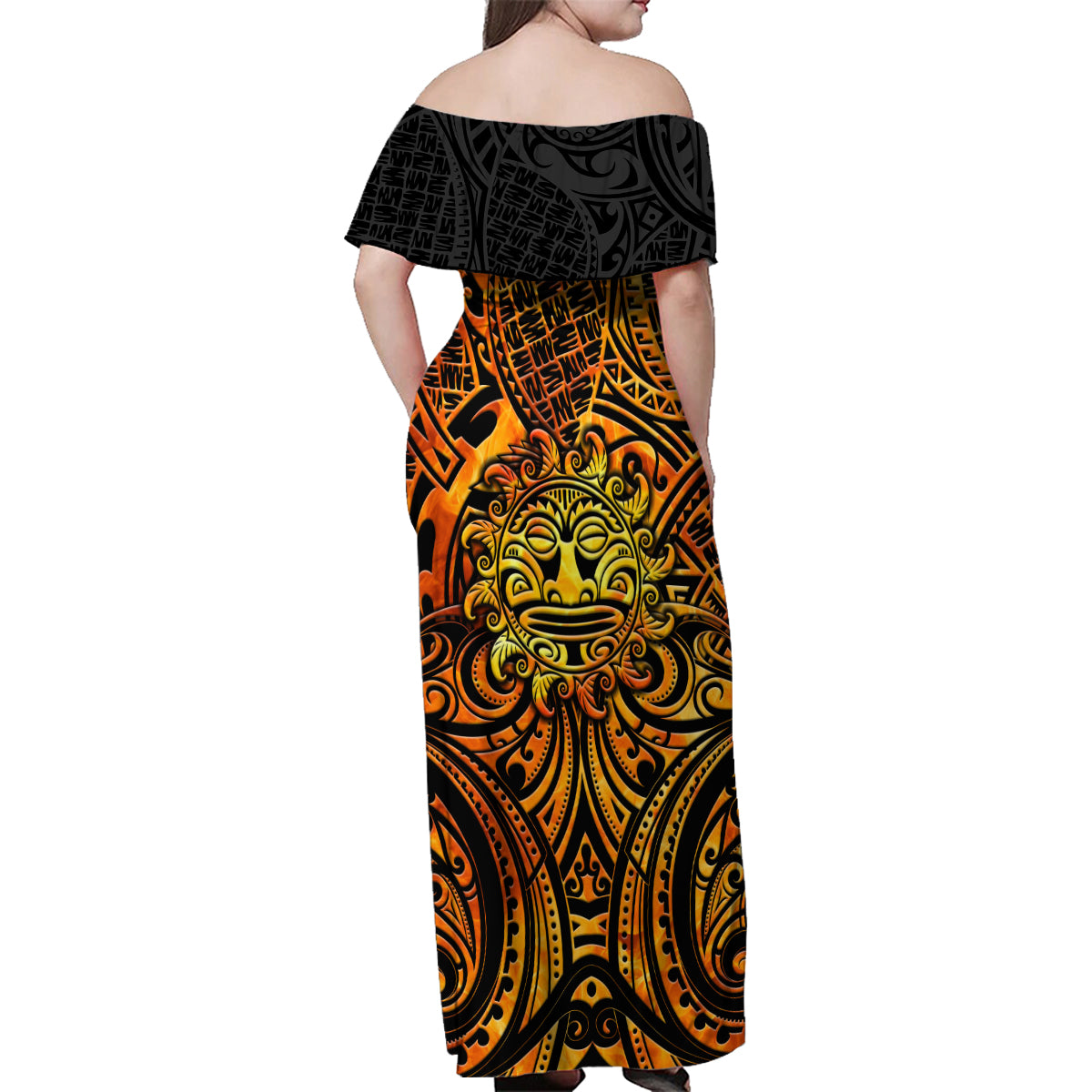 New Zealand Tamanuitera The Sun Family Matching Off Shoulder Maxi Dress and Hawaiian Shirt Maori Pattern LT05 - Polynesian Pride