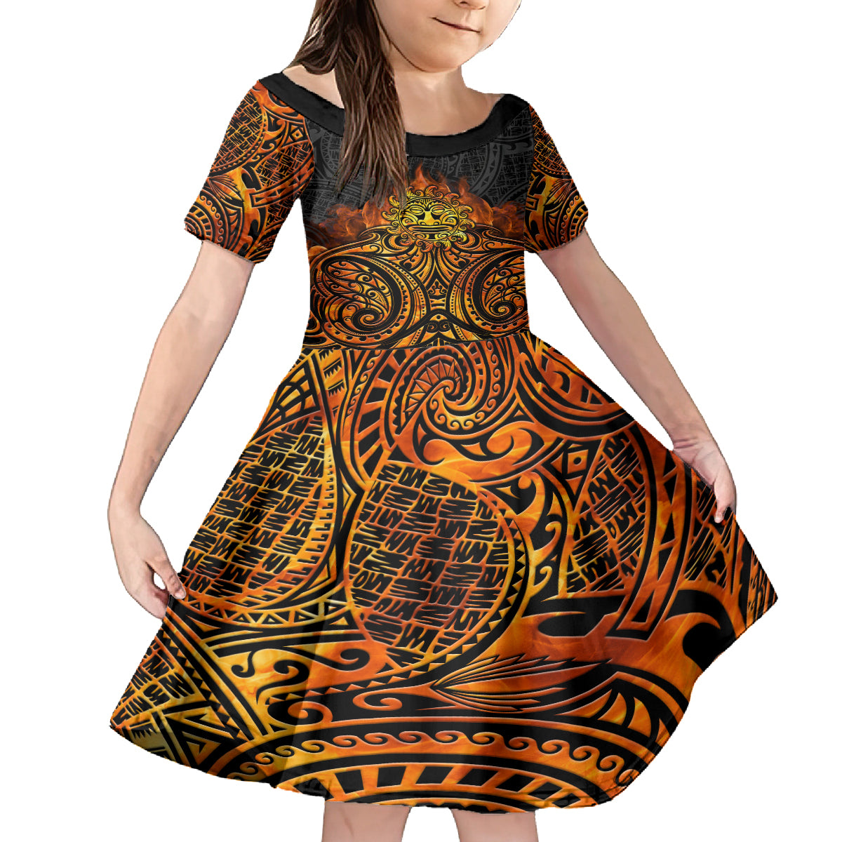 New Zealand Tamanuitera The Sun Family Matching Puletasi and Hawaiian Shirt Maori Pattern LT05 Daughter's Dress Orange - Polynesian Pride