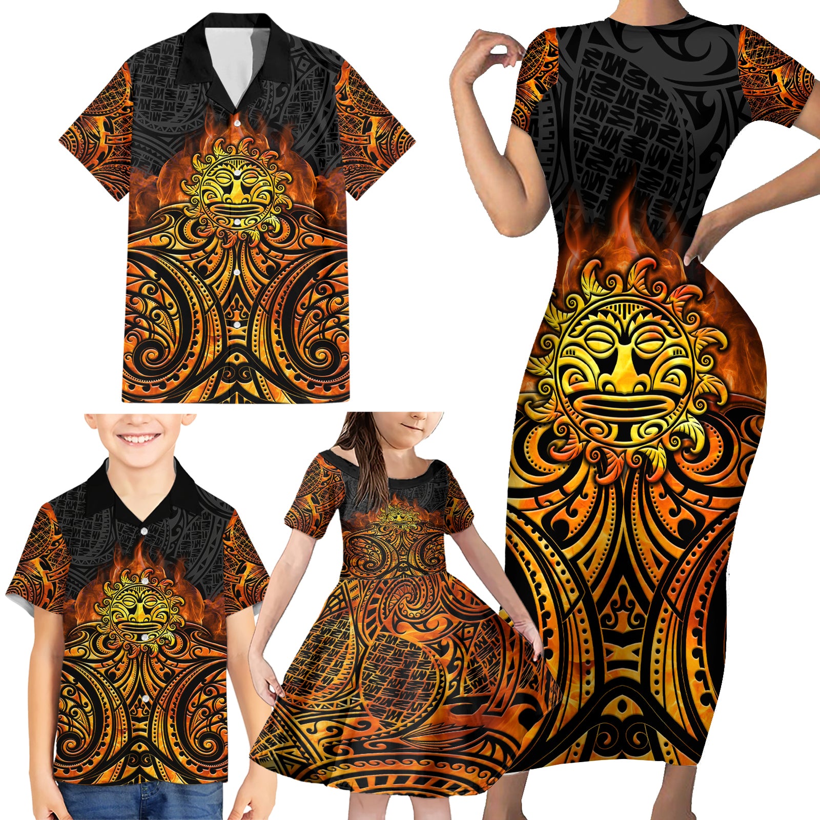 New Zealand Tamanuitera The Sun Family Matching Short Sleeve Bodycon Dress and Hawaiian Shirt Maori Pattern LT05 - Polynesian Pride