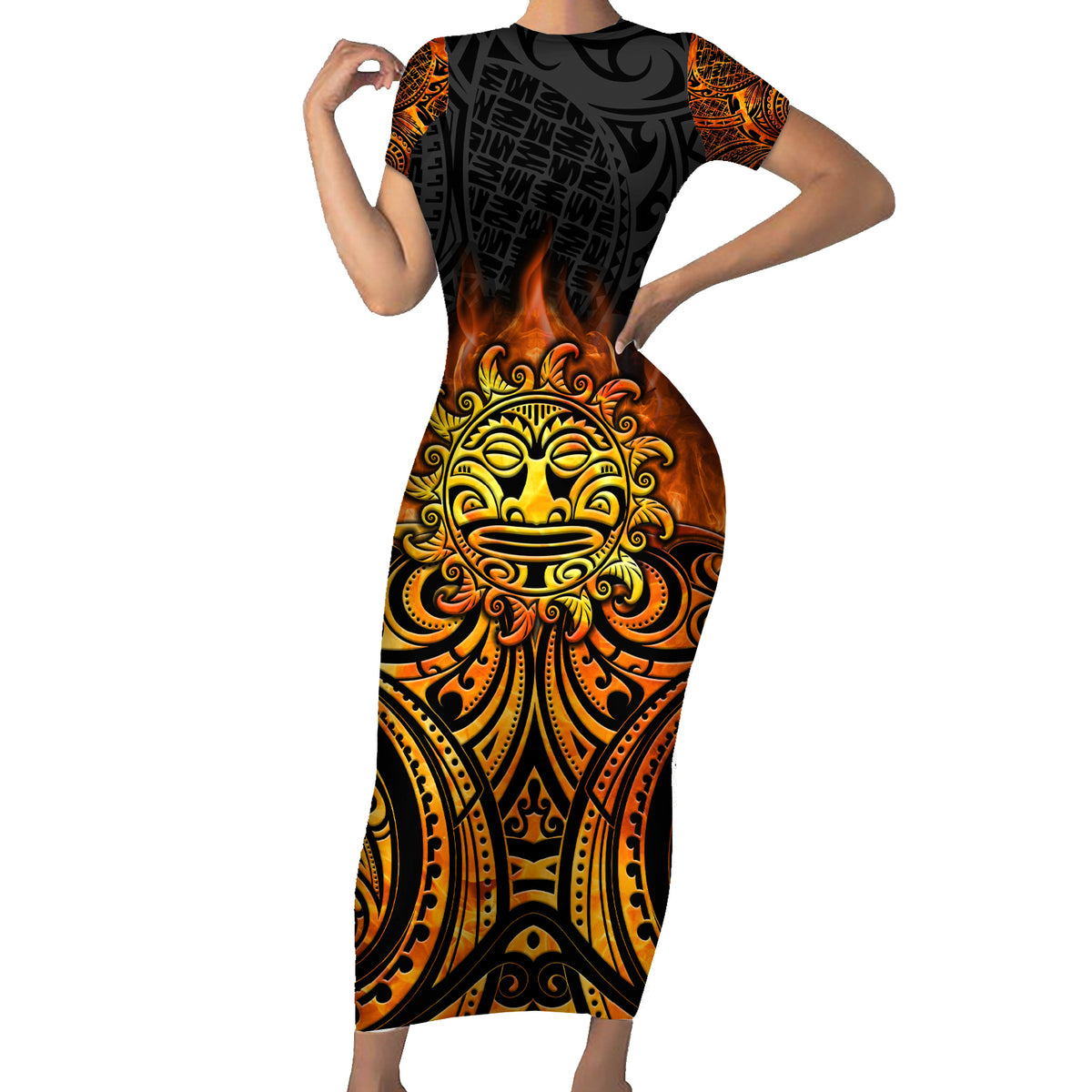 New Zealand Tamanuitera The Sun Family Matching Short Sleeve Bodycon Dress and Hawaiian Shirt Maori Pattern LT05 Mom's Dress Orange - Polynesian Pride