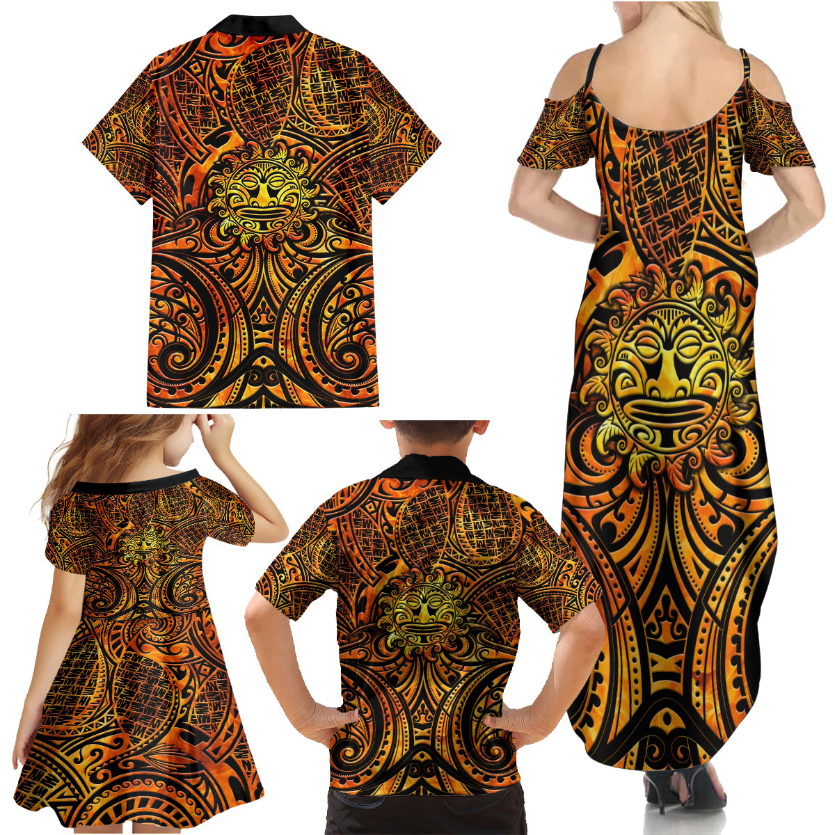 New Zealand Tamanuitera The Sun Family Matching Summer Maxi Dress and Hawaiian Shirt Maori Pattern LT05 - Polynesian Pride