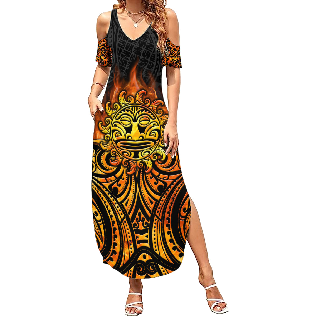 New Zealand Tamanuitera The Sun Family Matching Summer Maxi Dress and Hawaiian Shirt Maori Pattern LT05 Mom's Dress Orange - Polynesian Pride