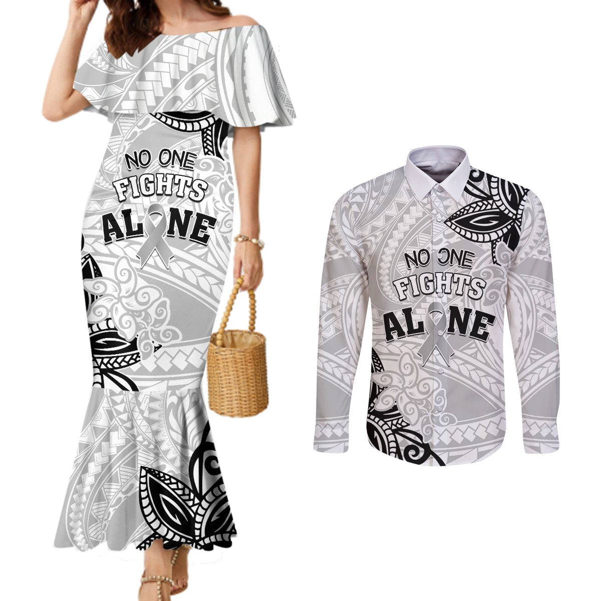 Personalised Polynesia Brain Cancer Couples Matching Mermaid Dress and Long Sleeve Button Shirt No One Fights Alone