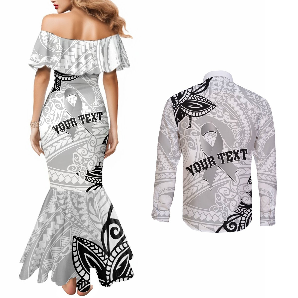 Personalised Polynesia Brain Cancer Couples Matching Mermaid Dress and Long Sleeve Button Shirt No One Fights Alone