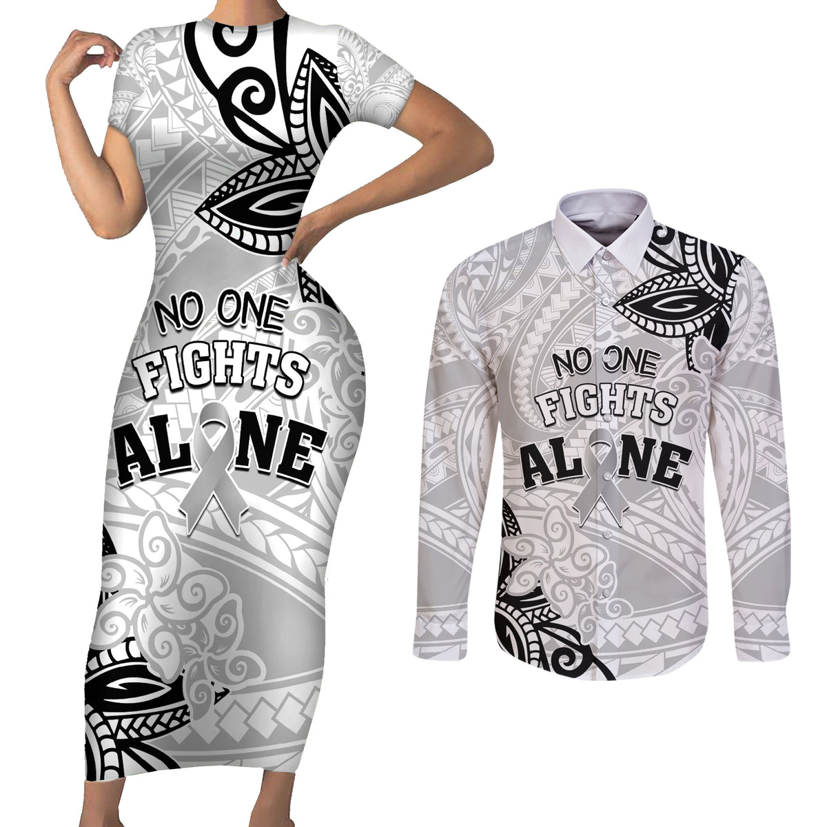 Personalised Polynesia Brain Cancer Couples Matching Short Sleeve Bodycon Dress and Long Sleeve Button Shirt No One Fights Alone