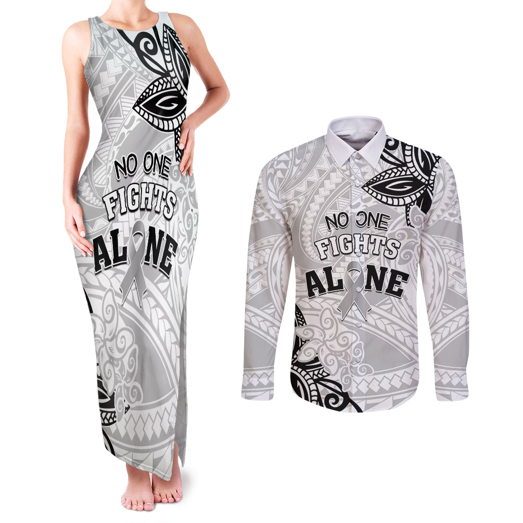 Personalised Polynesia Brain Cancer Couples Matching Tank Maxi Dress and Long Sleeve Button Shirt No One Fights Alone