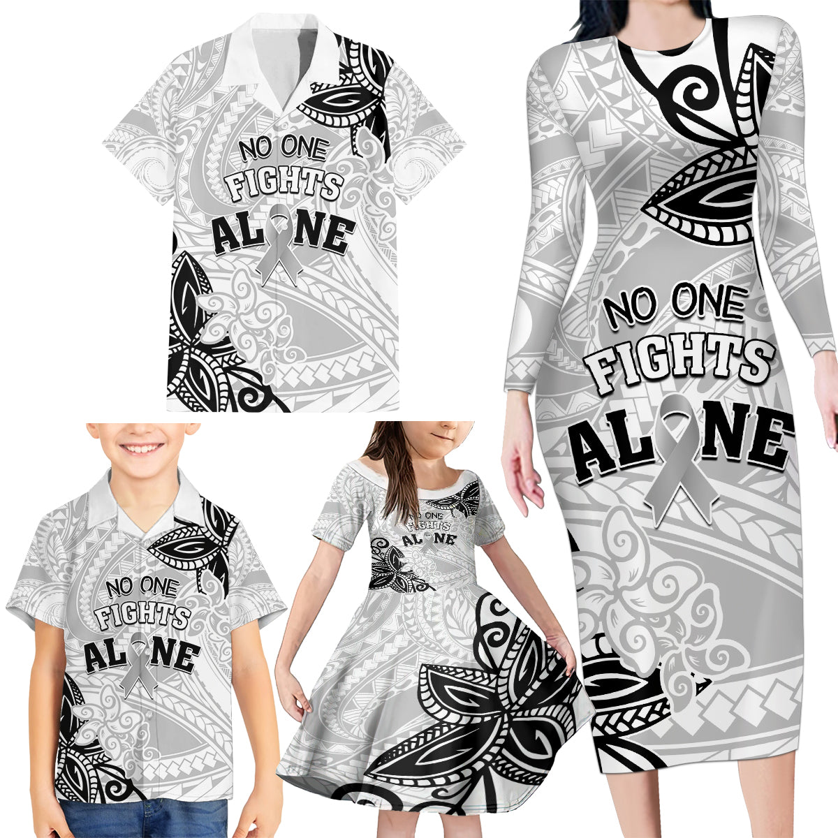 Personalised Polynesia Brain Cancer Family Matching Long Sleeve Bodycon Dress and Hawaiian Shirt No One Fights Alone LT05 - Polynesian Pride
