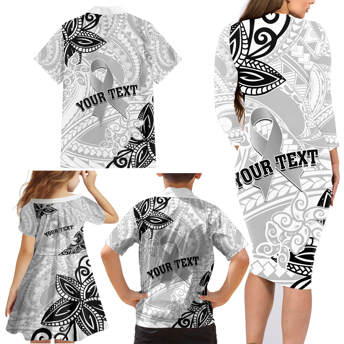 Personalised Polynesia Brain Cancer Family Matching Long Sleeve Bodycon Dress and Hawaiian Shirt No One Fights Alone LT05 - Polynesian Pride
