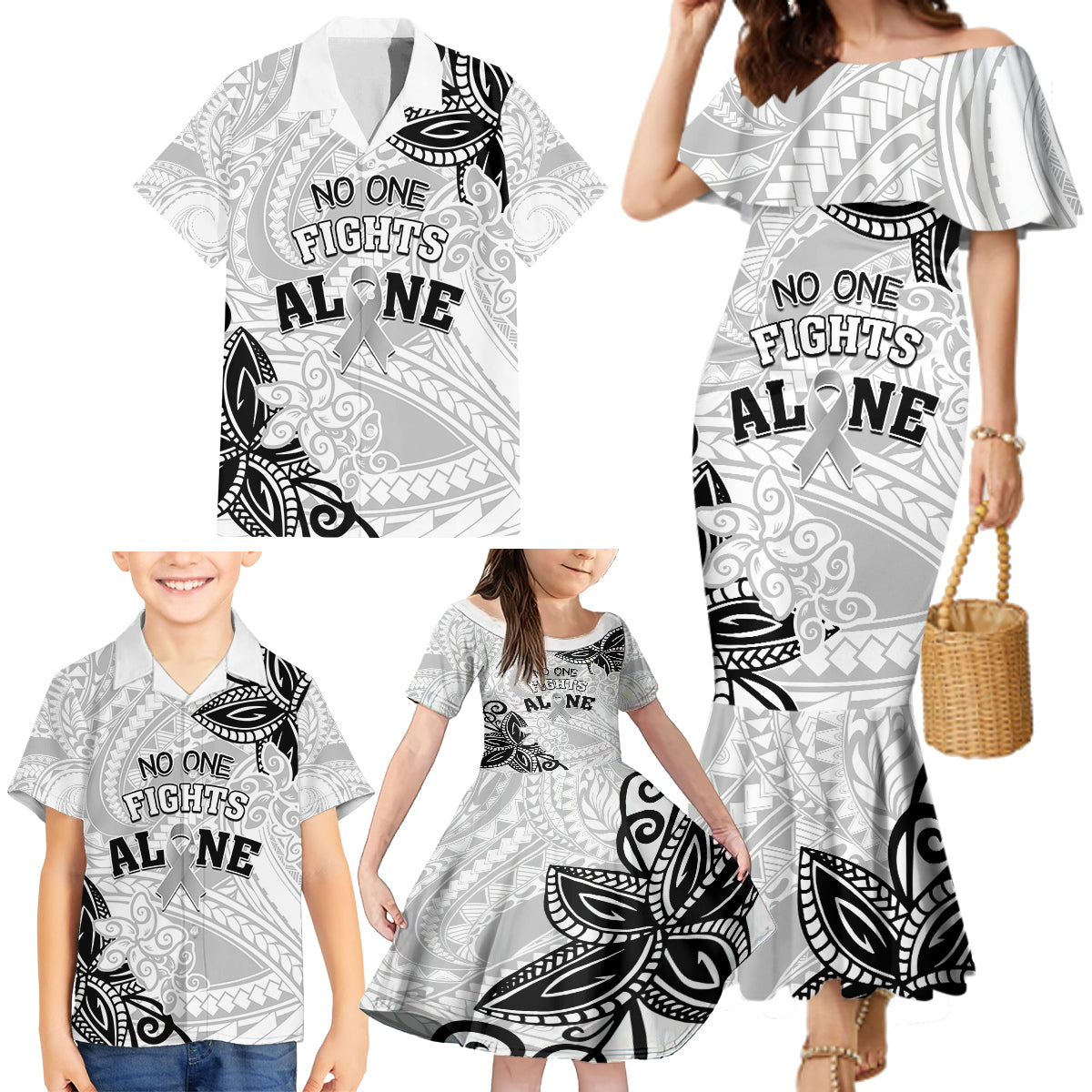 Personalised Polynesia Brain Cancer Family Matching Mermaid Dress and Hawaiian Shirt No One Fights Alone LT05 - Polynesian Pride