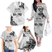 Personalised Polynesia Brain Cancer Family Matching Off The Shoulder Long Sleeve Dress and Hawaiian Shirt No One Fights Alone LT05 - Polynesian Pride