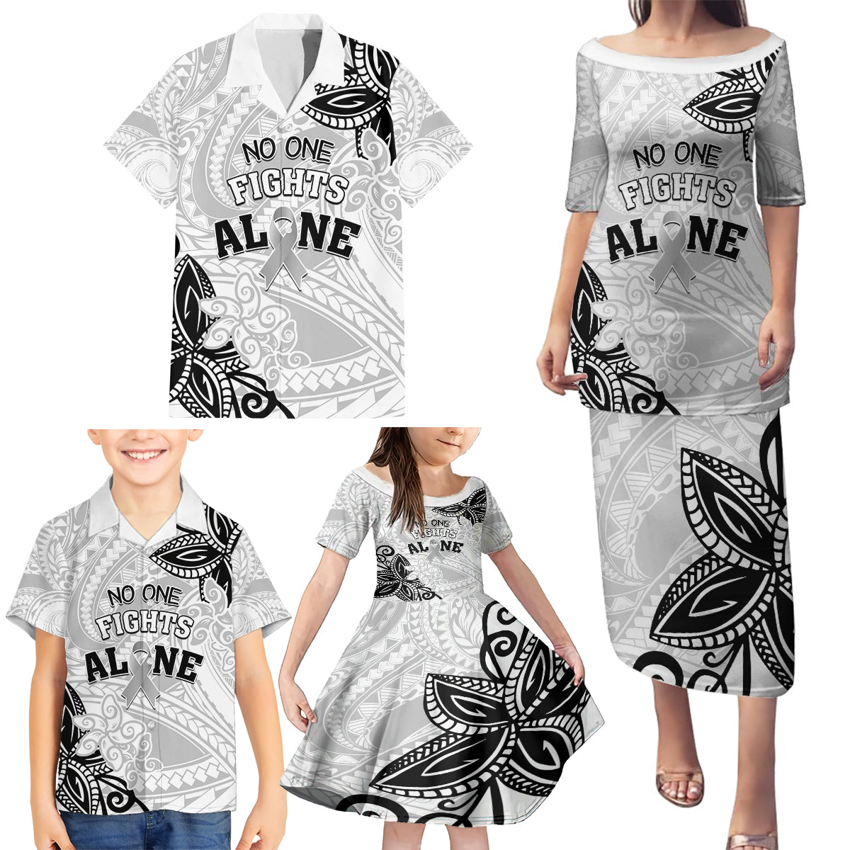 Personalised Polynesia Brain Cancer Family Matching Puletasi and Hawaiian Shirt No One Fights Alone LT05 - Polynesian Pride