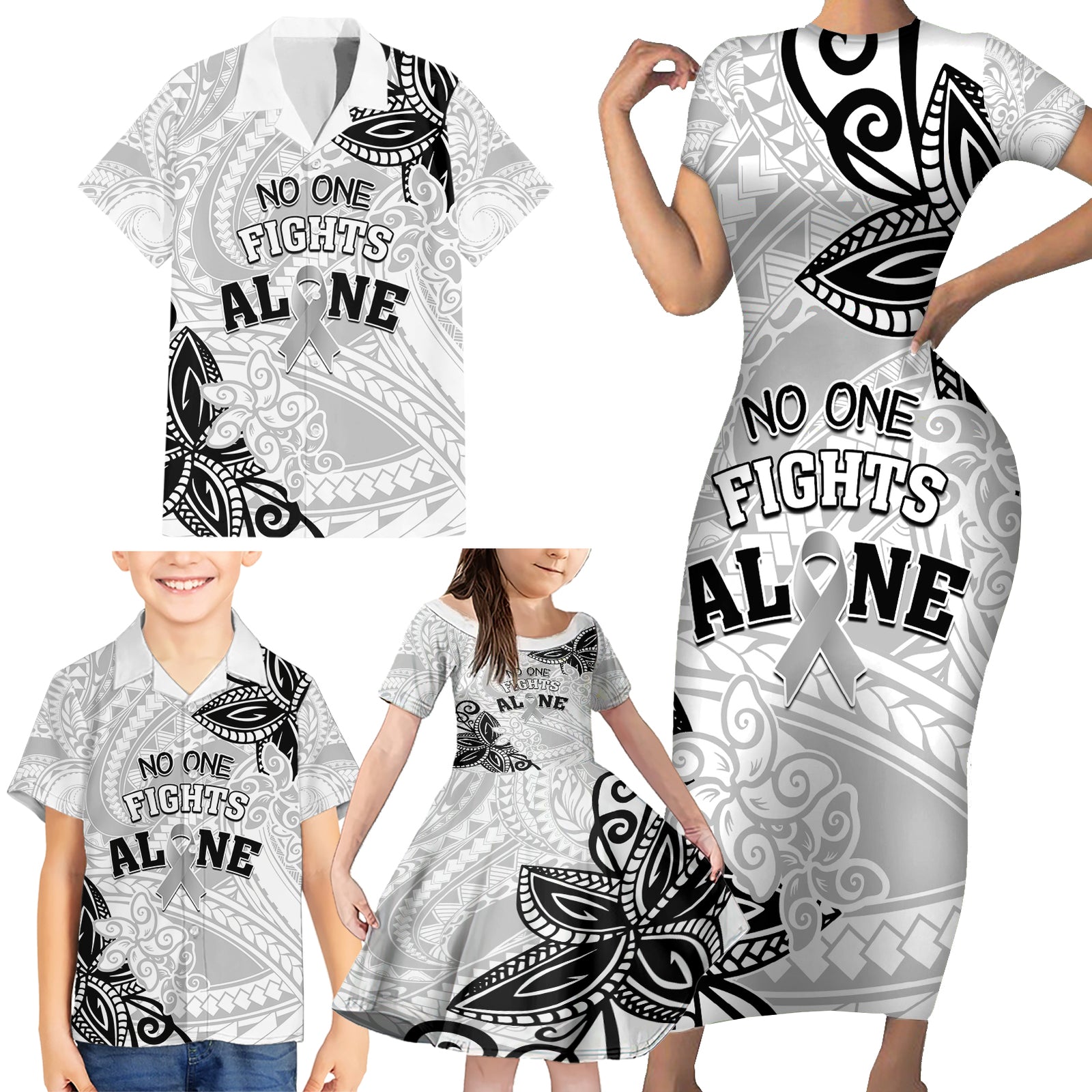 Personalised Polynesia Brain Cancer Family Matching Short Sleeve Bodycon Dress and Hawaiian Shirt No One Fights Alone LT05 - Polynesian Pride