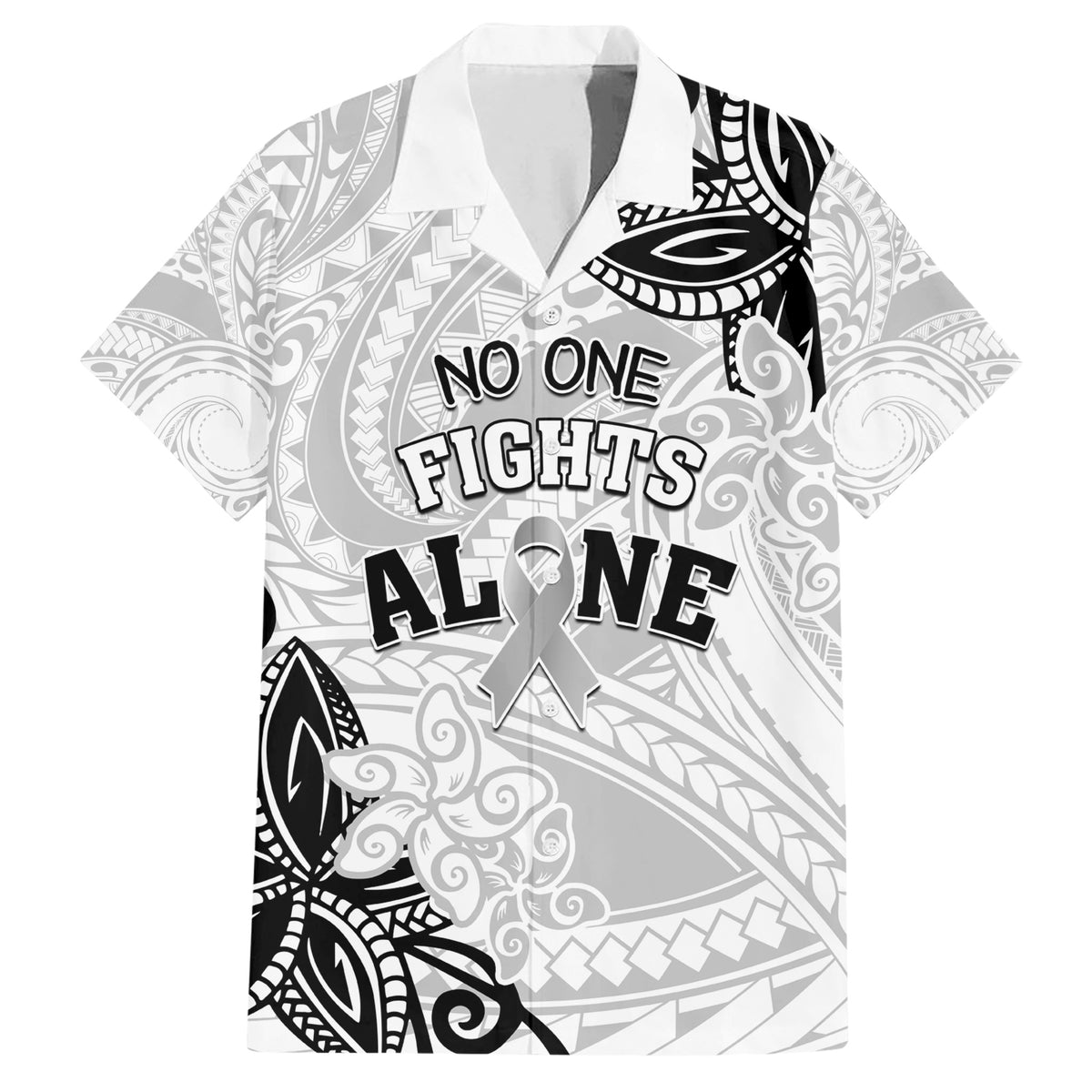 Personalised Polynesia Brain Cancer Family Matching Short Sleeve Bodycon Dress and Hawaiian Shirt No One Fights Alone LT05 Dad's Shirt - Short Sleeve White - Polynesian Pride