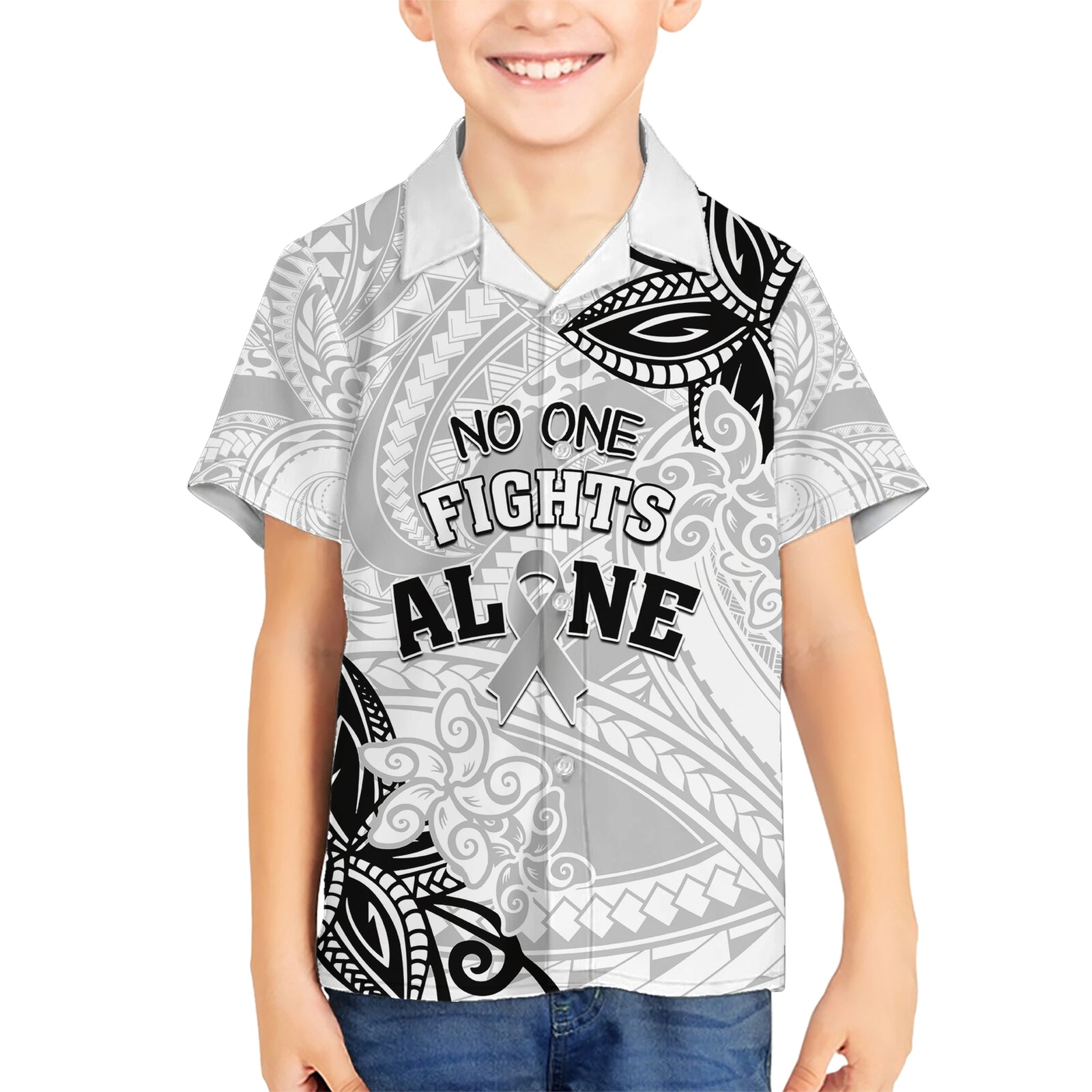 Personalised Polynesia Brain Cancer Kid Hawaiian Shirt No One Fights Alone LT05 Kid White - Polynesian Pride