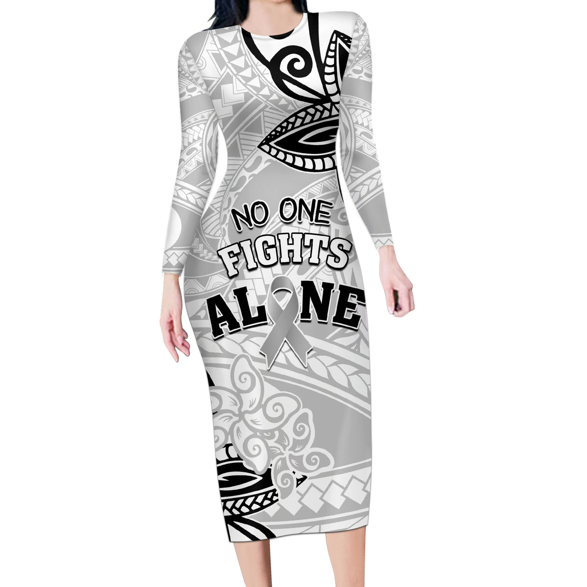 Personalised Polynesia Brain Cancer Long Sleeve Bodycon Dress No One Fights Alone LT05 Long Dress White - Polynesian Pride