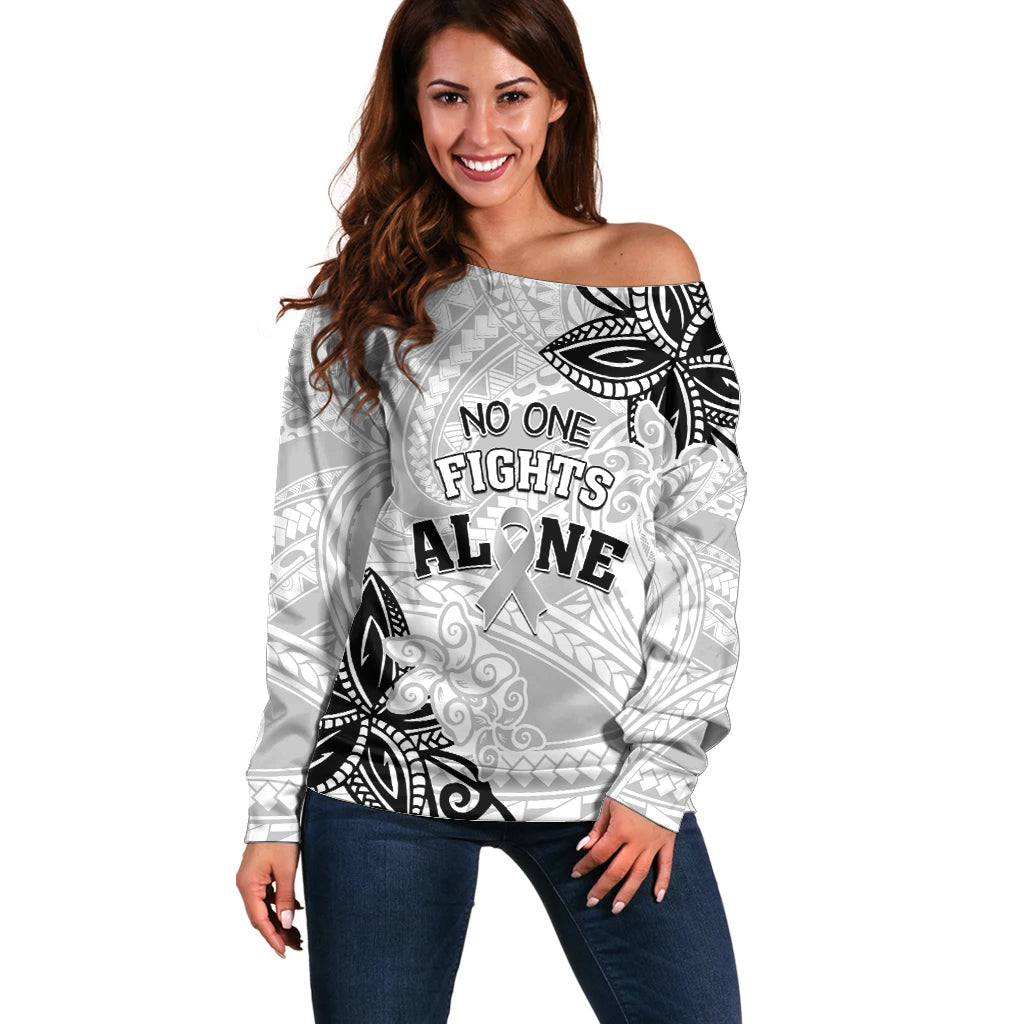 Personalised Polynesia Brain Cancer Off Shoulder Sweater No One Fights Alone LT05 Women White - Polynesian Pride